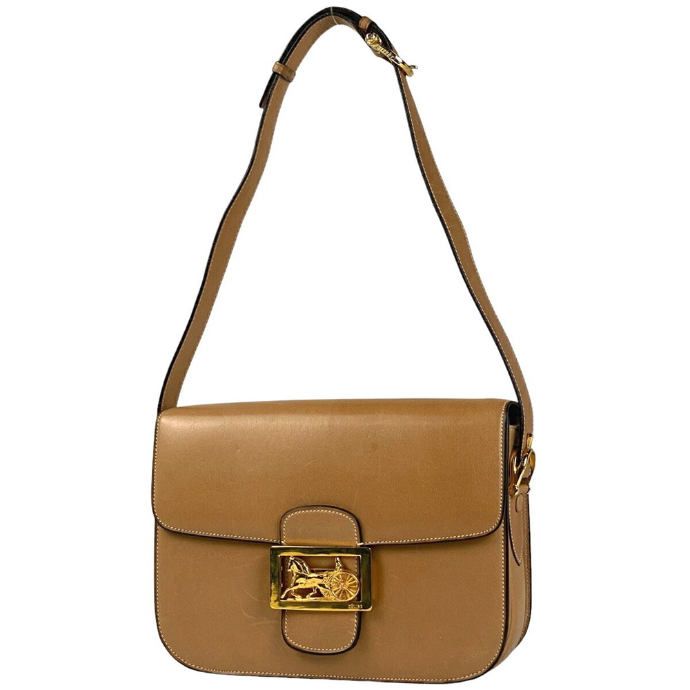 Celine Carriage Shoulder Bag Logo Leather Beige